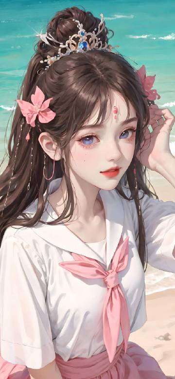 Cute Girl in Sailor Uniform at the Beach HD Anime Wallpaper