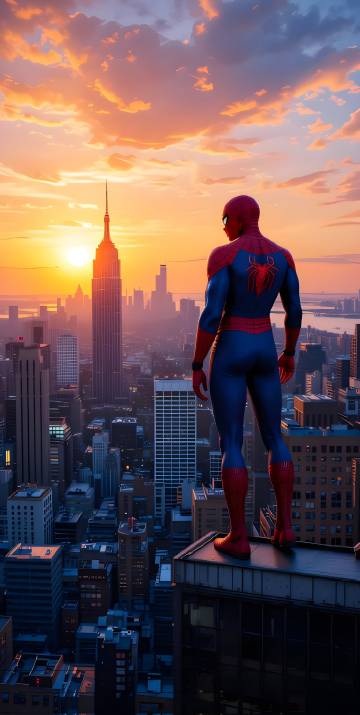 Spider-Man Standing on Rooftop at Sunset 4K Wallpaper