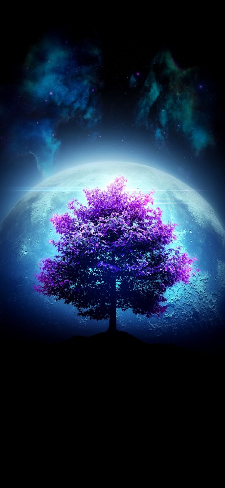 Fantasy Purple Tree Under Stars Phone Wallpaper