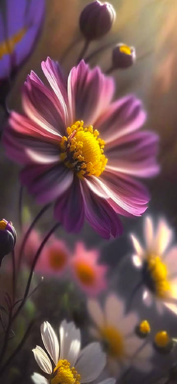 Dreamy purple daisies in the hazy soft light phone wallpaper