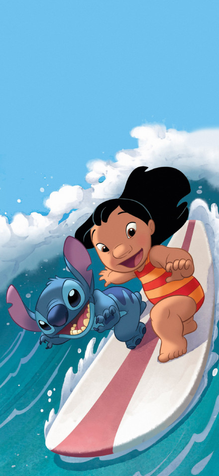 Stitch wallpaper: Lilo and Stitch surfing together in a happy moment