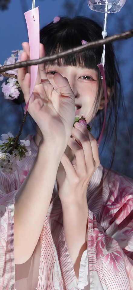Aesthetic Girl in Pink Kimono With Cherry Blossoms Wallpaper