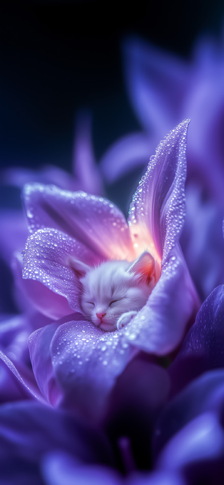 Adorable Kitten Sleeping in Purple Flower 4K UHD Wallpaper