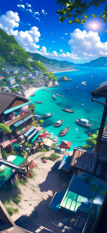 Studio Ghibli Style Seaside Town 4K Wallpaper