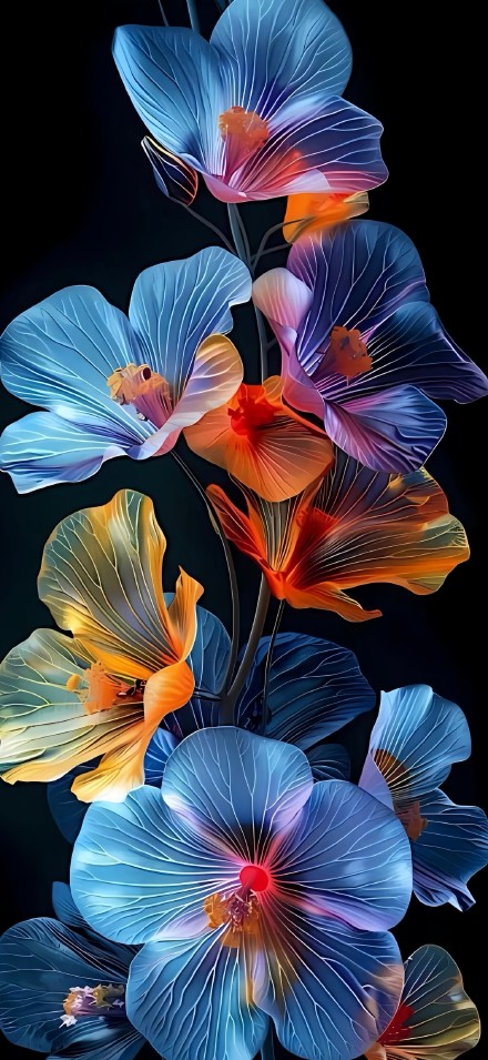 Fantasy Blue and Orange Translucent Flowers 4K Wallpaper