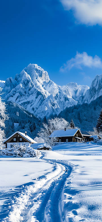 Sunny Winter Landscape With Rustic Cabins Wallpaper 4K