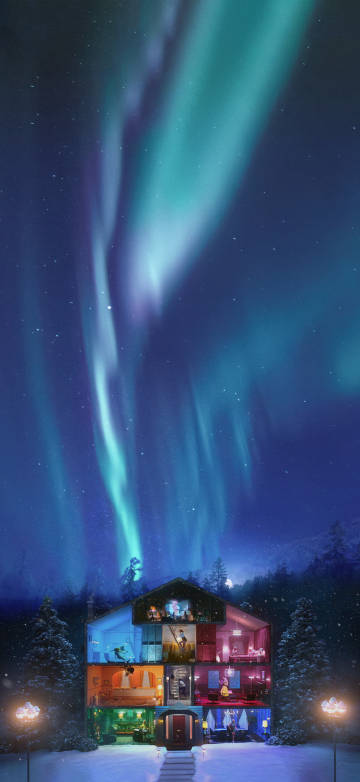 Winter House Under Aurora Wallpaper