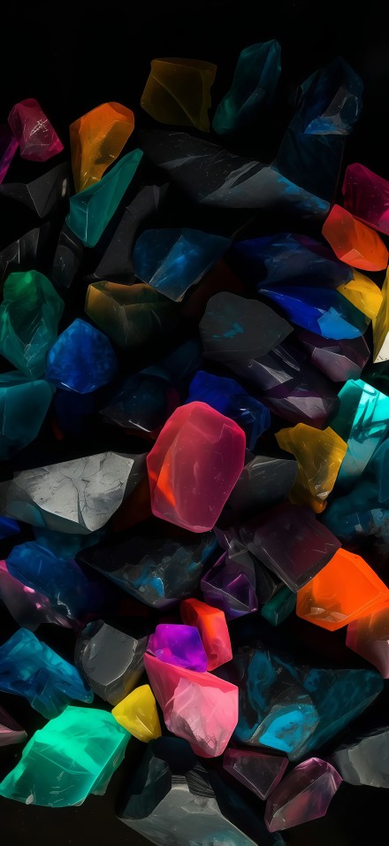 Colorful crystals of various shapes on a black background