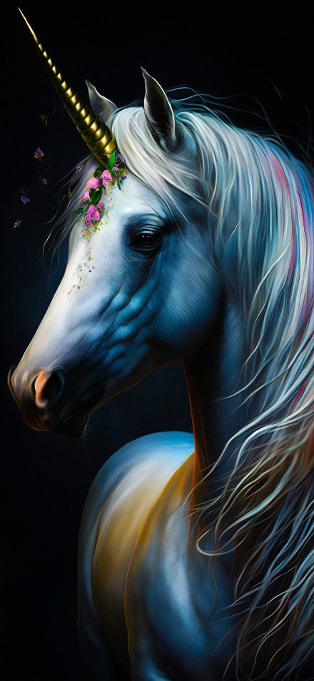 Majestic Unicorn with Golden Horn and Flower Crown 4K Wallpaper