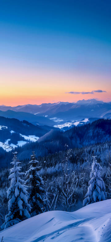 Snowy Mountain Landscape at Dusk with Beautiful Gradient Sky 4K Wallpaper