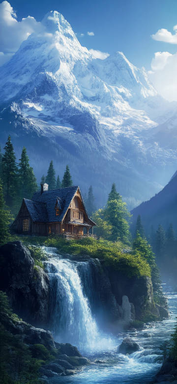 Chalets surrounded by forest at the foot of snow-capped mountains