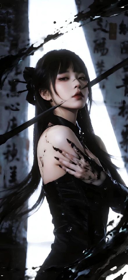 Mysterious Black Hair Girl with Calligraphy Art Wallpaper