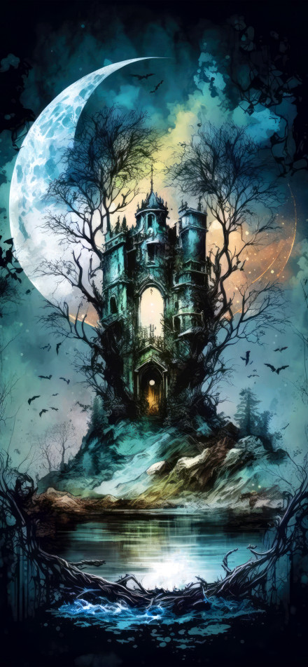 Dark Fantasy Castle With Full Moon 4K Phone Wallpaper