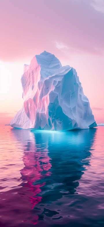 Serene Iceberg Floating in Vibrant Pink and Blue Waters 4K Wallpaper