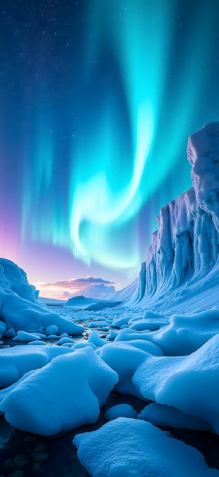 Beautiful Northern Lights Over Frozen Ice Landscape 4K Wallpaper