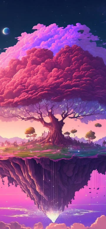 Floating Tree Island in Pink Fantasy Sky Phone Wallpaper
