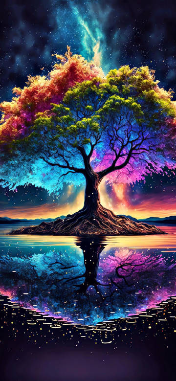 Colorful Magic Tree Reflection under the Starry Sky 4K Wallpaper