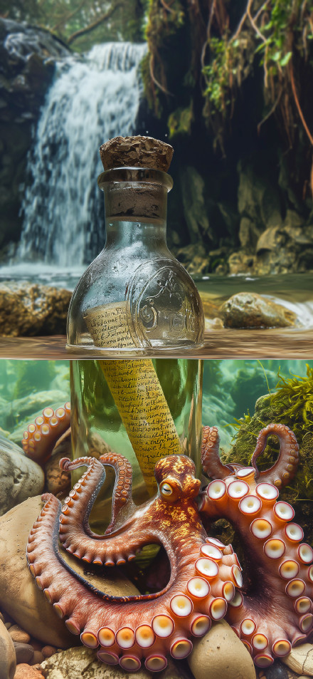 Message in a Bottle Surrounded by an Octopus and Rocks 4K UHD Wallpaper