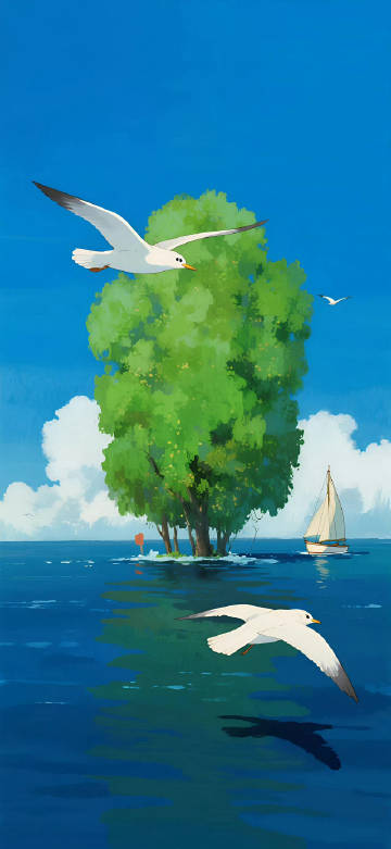 Seagulls Flying Over the Blue Sea Anime Phone Wallpaper