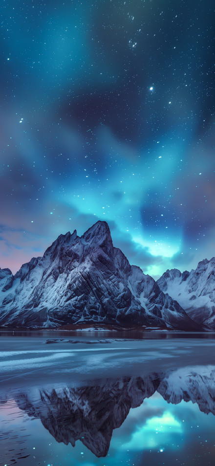 Northern Lights Over Snowy Mountain Reflection 4K Wallpaper