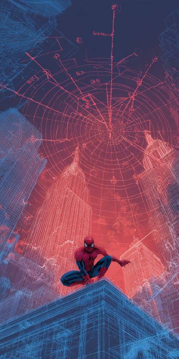 Spider-Man Crouching With City Blueprint Background 4K