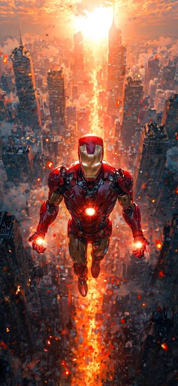 Iron Man Flying Above Burning City 4K Wallpaper