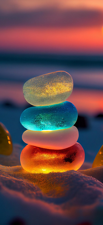 Pile of colorful glowing stones at sunset on the seashore