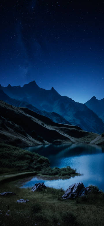 Deep Blue Mountain Lake Under Starry Night Sky 4K