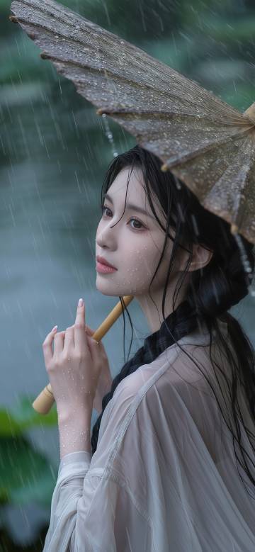 Beautiful Asian Girl Under Traditional Umbrella In Rain
