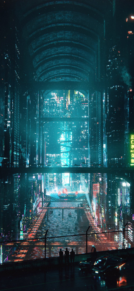 Cyberpunk Vaulted City Waterfront Wallpaper