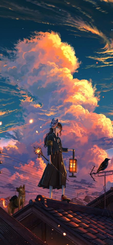 Japanese Anime Girl with Fox Mask at Sunset 4K Phone Wallpaper