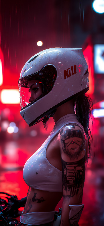 Futuristic Biker Girl in Rainy Neon City 4K UHD Phone Wallpaper