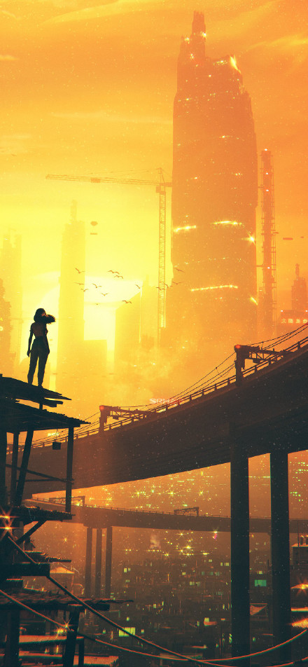 Cyberpunk Sunset Mega City Girl wallpaper