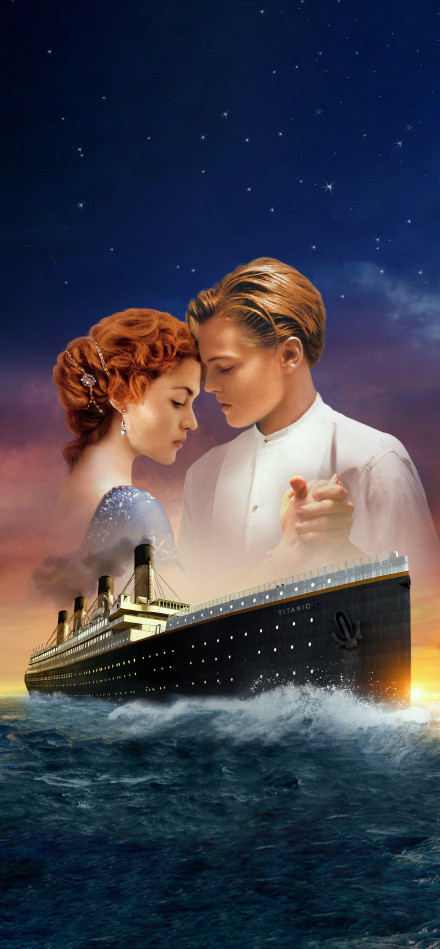 Jack and Rose Embracing Above the Titanic Ship 4K Phone Wallpaper