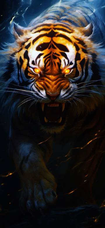 Fierce Roaring Tiger With Glowing Orange Eyes