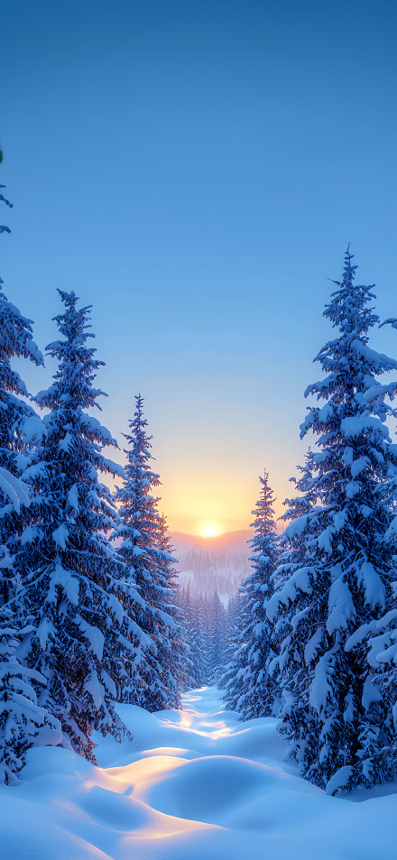 Beautiful Snowy Forest At Sunrise Wallpaper 4K