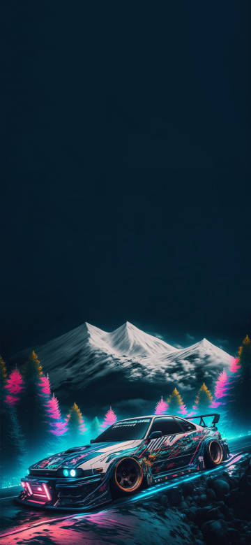 Neon JDM Drift Car Winter Mountain HD Wallpaper