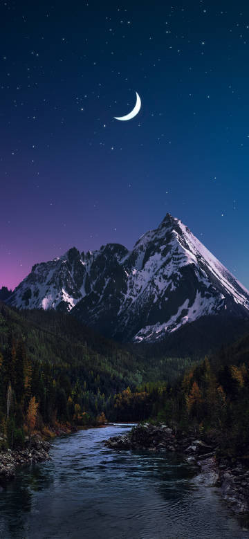 Serene night with moon and mountains phone wallpaper