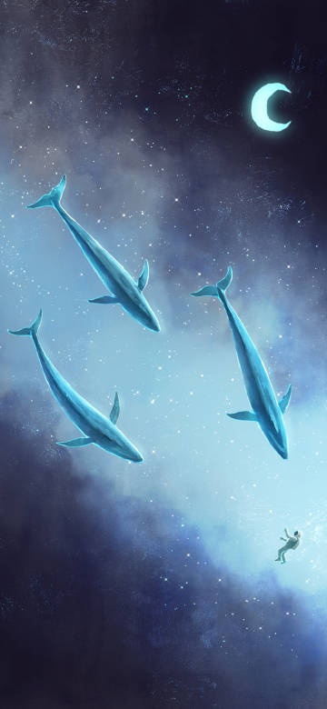 Whales and Lone Astronaut Floating in Space