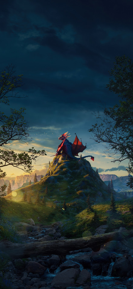 Fantastic view of a giant dragon perched on top of a mountain