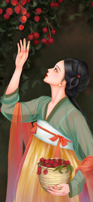Beautiful Ancient Chinese Girl Picking Lychees Illustration