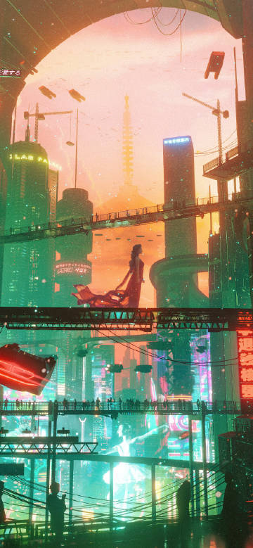 Cyberpunk Sunset Megacity Phone Wallpaper