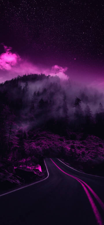 Mystic Purple Forest Night Road Phone Wallpaper