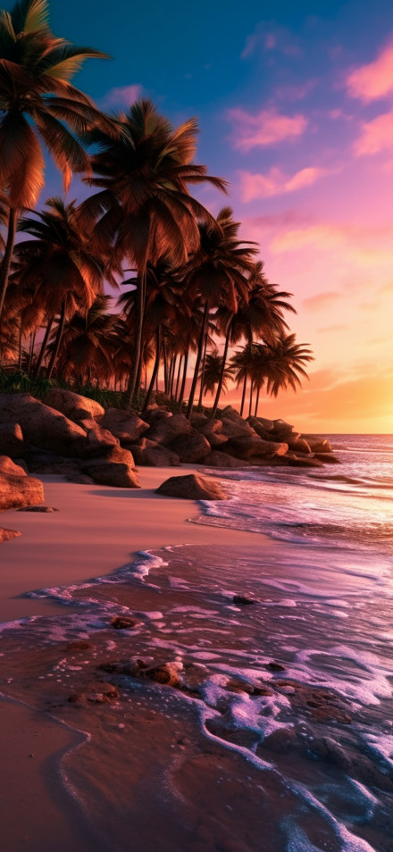 Tropical Beach Sunset With Palm Trees 4K Wallpaper