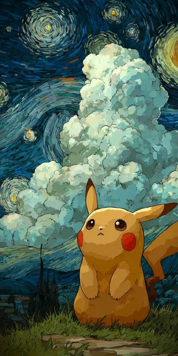 Cute Pikachu in the starry night Van Gogh style 4K wallpaper