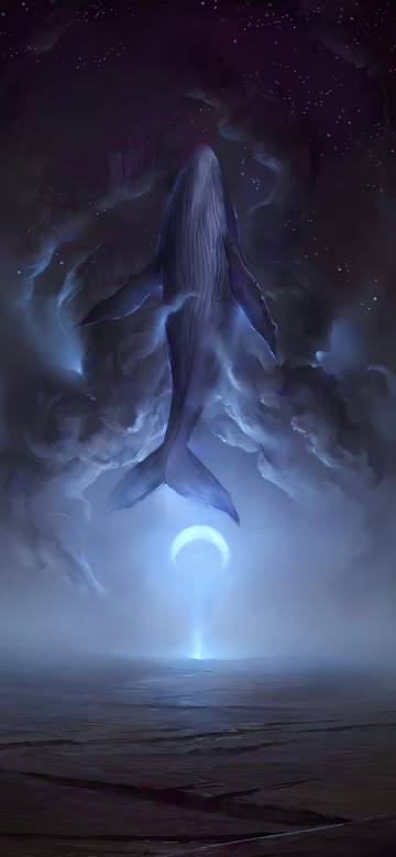 Fantasy whale swimming under the starry sky