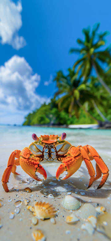 Vibrant Crab on a Tropical Beach with Palm Trees 4K Wallpaper