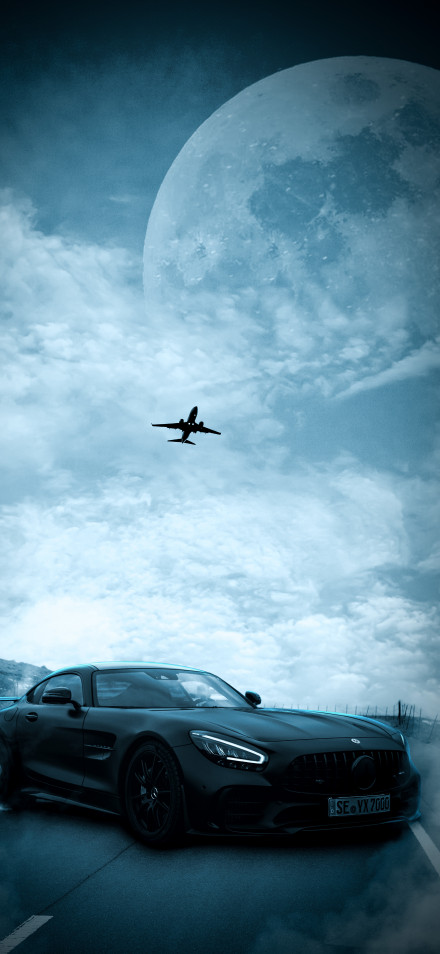 Airplane in The Sky and A Mercedes Sports Car on The Ground 4K Wallpaper