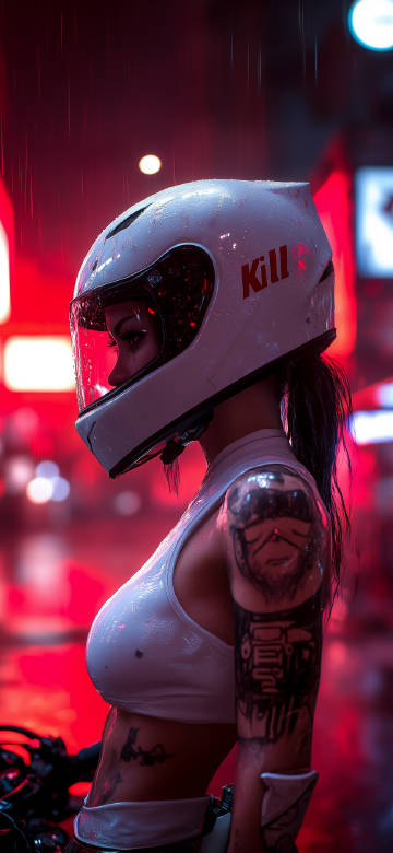 Futuristic Biker Girl in Rainy Neon City 4K UHD Phone Wallpaper