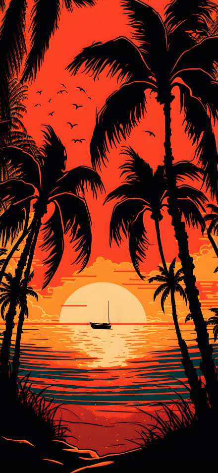 Tropical Sunset with Silhouetted Palm Trees and Boat Wallpaper 7K